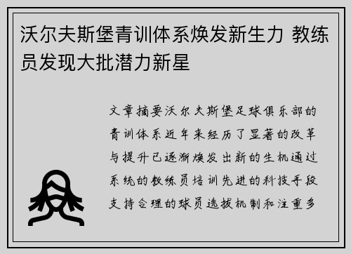 沃尔夫斯堡青训体系焕发新生力 教练员发现大批潜力新星