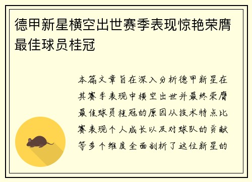 德甲新星横空出世赛季表现惊艳荣膺最佳球员桂冠