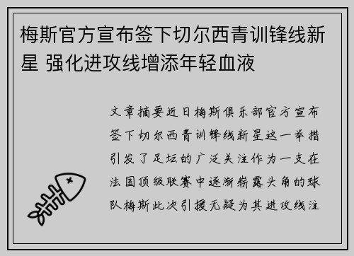 梅斯官方宣布签下切尔西青训锋线新星 强化进攻线增添年轻血液