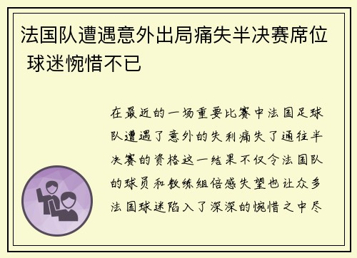 法国队遭遇意外出局痛失半决赛席位 球迷惋惜不已