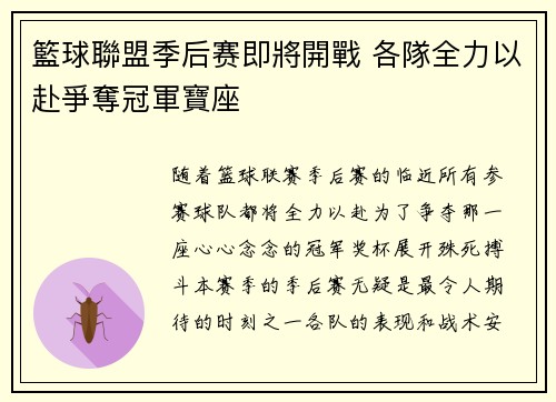 籃球聯盟季后赛即將開戰 各隊全力以赴爭奪冠軍寶座