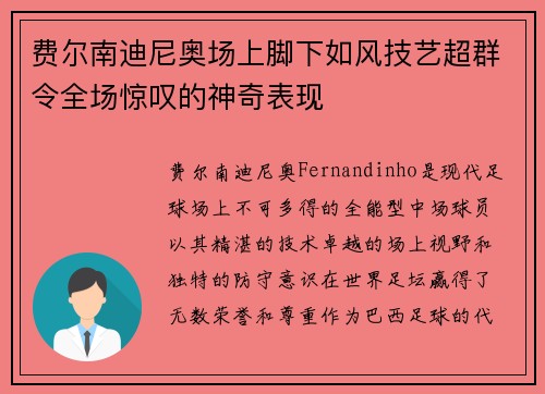 费尔南迪尼奥场上脚下如风技艺超群令全场惊叹的神奇表现