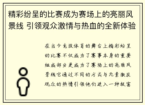 精彩纷呈的比赛成为赛场上的亮丽风景线 引领观众激情与热血的全新体验