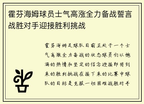 霍芬海姆球员士气高涨全力备战誓言战胜对手迎接胜利挑战
