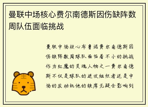 曼联中场核心费尔南德斯因伤缺阵数周队伍面临挑战