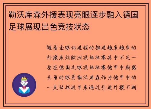 勒沃库森外援表现亮眼逐步融入德国足球展现出色竞技状态